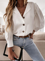 Blouses Solid Button Wood Ear Long Sleeve Blouse for Women