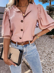 Blouses Solid Button Wood Ear Long Sleeve Blouse for Women