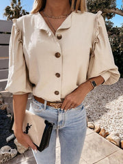 Blouses Solid Button Wood Ear Long Sleeve Blouse for Women