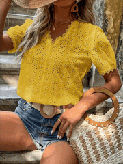 Blouses Solid Lace Cutout Short Sleeve Blouse for Women
