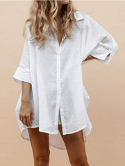 Blouses Solid Lapel Button Irregular Long Sleeve Blouse for Women