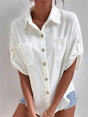 Blouses Solid Lapel Button Pocket Mid Sleeve Blouse for Women