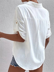 Blouses Solid Lapel Button Pocket Mid Sleeve Blouse for Women