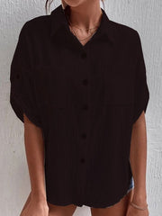 Blouses Solid Lapel Button Pocket Mid Sleeve Blouse for Women