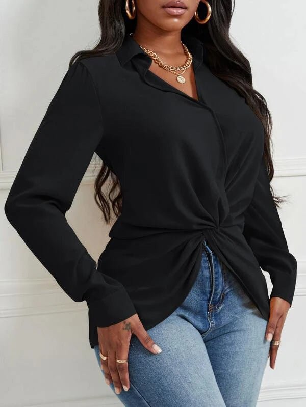 Blouses Solid Lapel Knotted Long Sleeve Blouse for Women