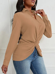 Blouses Solid Lapel Knotted Long Sleeve Blouse for Women