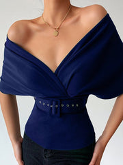 Blouses Solid Off Shoulder Slim Belt Blouse for Women