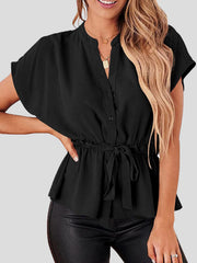 Blouses Solid V-Neck Button Belted Blouse for Women