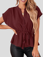 Blouses Solid V-Neck Button Belted Blouse for Women