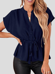 Blouses Solid V-Neck Button Belted Blouse for Women