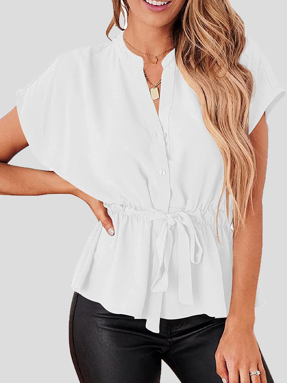 Blouses Solid V-Neck Button Belted Blouse for Women