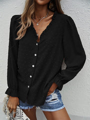 Blouses Solid V-Neck Button Jacquard Long Sleeve Blouse for Women