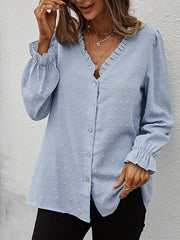 Blouses Solid V-Neck Button Jacquard Long Sleeve Blouse for Women