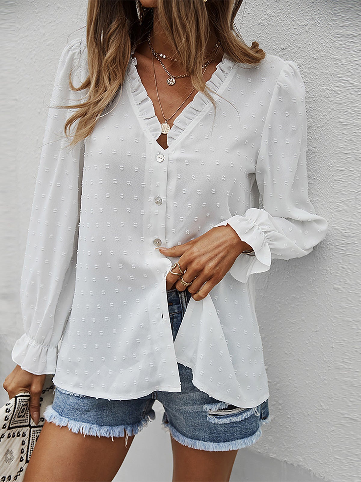 Blouses Solid V-Neck Button Jacquard Long Sleeve Blouse for Women