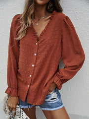 Blouses Solid V-Neck Button Jacquard Long Sleeve Blouse for Women