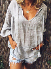 Blouses Solid V-Neck Hollow Long Sleeve Blouse for Women