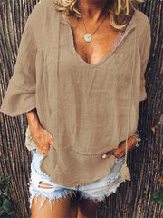 Blouses Solid V-Neck Hollow Long Sleeve Blouse for Women