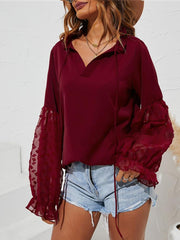 Blouses Solid V-Neck Jacquard Long Sleeve Blouse for Women