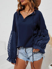 Blouses Solid V-Neck Jacquard Long Sleeve Blouse for Women