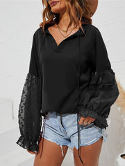 Blouses Solid V-Neck Jacquard Long Sleeve Blouse for Women