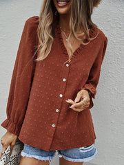 Blouses Solid V-Neck Jacquard Long Sleeve Blouse for Women