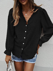 Blouses Solid V-Neck Jacquard Long Sleeve Blouse for Women