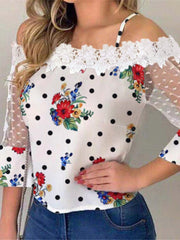 Blouses Speckled Print Sling Mesh Panel Blouse for Women