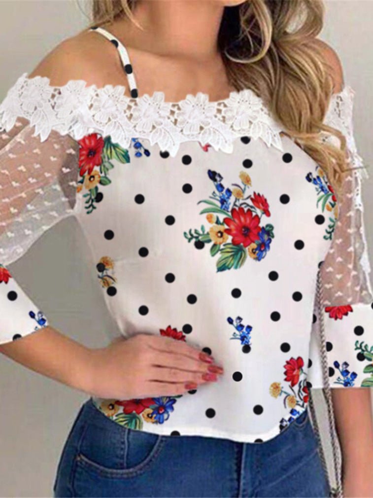 Blouses Speckled Print Sling Mesh Panel Blouse for Women