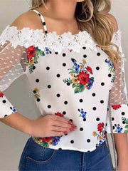 Blouses Speckled Print Sling Mesh Panel Blouse for Women