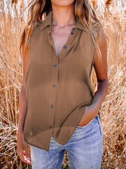 Blouses Stand Collar Button Sleeveless Blouse for Women