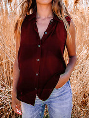 Blouses Stand Collar Button Sleeveless Blouse for Women