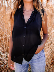 Blouses Stand Collar Button Sleeveless Blouse for Women