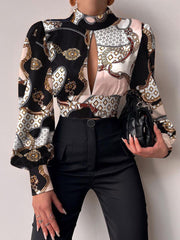 Blouses Stand Collar Hollow Balloon Sleeve Bare Back Blouse for Women