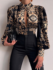 Blouses Stand Collar Hollow Balloon Sleeve Bare Back Blouse for Women