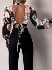 Blouses Stand Collar Hollow Balloon Sleeve Bare Back Blouse for Women