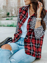 Blouses Stand Collar Plaid Pocket Long Sleeve Blouse for Women