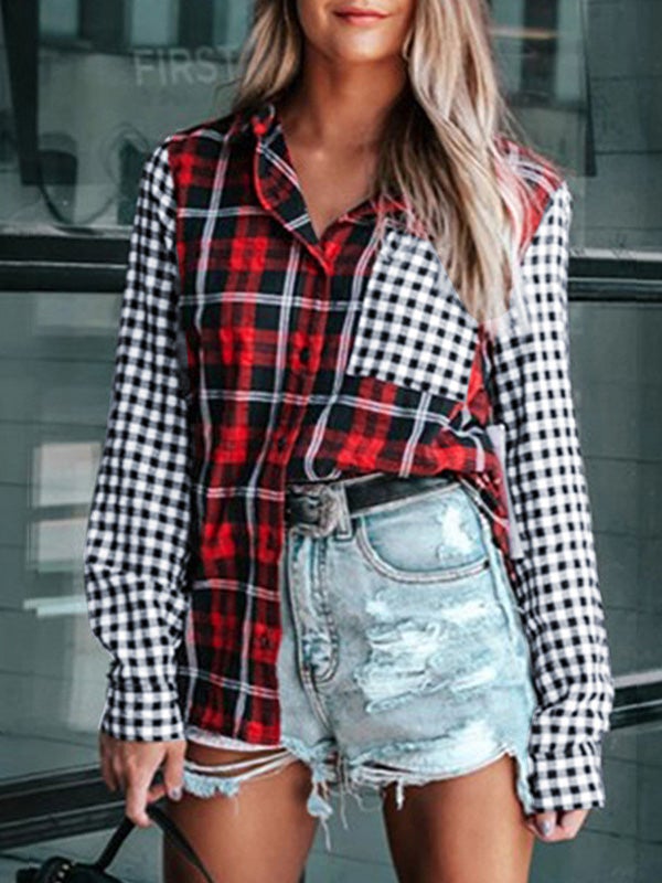 Blouses Stand Collar Plaid Pocket Long Sleeve Blouse for Women