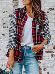 Blouses Stand Collar Plaid Pocket Long Sleeve Blouse for Women