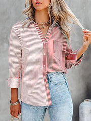 Blouses Striped Contrast Single-Breasted Long Sleeve Blouse for Women
