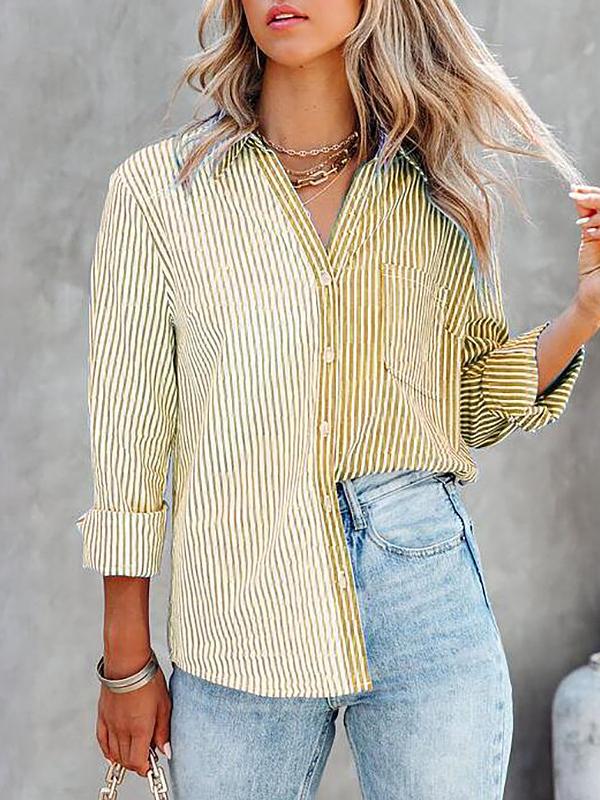 Blouses Striped Contrast Single-Breasted Long Sleeve Blouse for Women