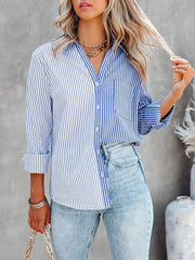 Blouses Striped Contrast Single-Breasted Long Sleeve Blouse for Women