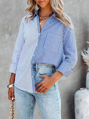 Blouses Striped Contrast Single-Breasted Long Sleeve Blouse for Women