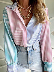 Blouses Striped Print Single Breasted Long Sleeve Blouse for Women