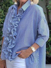 Blouses Striped Print Wood Ear Long Sleeve Blouse for Women