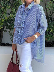 Blouses Striped Print Wood Ear Long Sleeve Blouse for Women