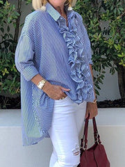 Blouses Striped Print Wood Ear Long Sleeve Blouse for Women