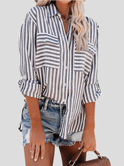 Blouses Striped Single-Breasted Long Sleeve Blouse for Women