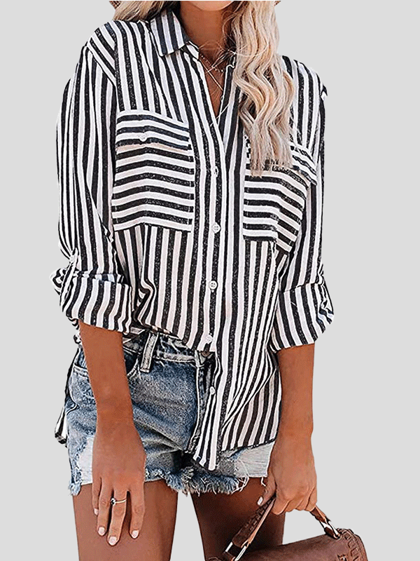 Blouses Striped Single-Breasted Long Sleeve Blouse for Women