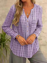 Blouses Striped V-Neck Pocket Long Sleeve Blouse for Women