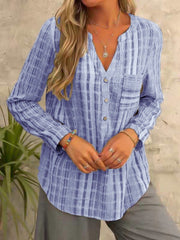 Blouses Striped V-Neck Pocket Long Sleeve Blouse for Women